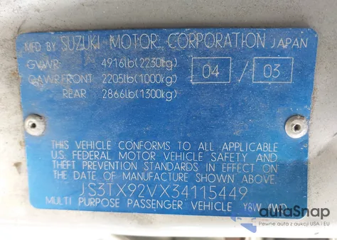 2003 Suzuki Xl-7 Ltd/Touring z USA, uszkodzony, nr VIN JS3TX92VX34115449